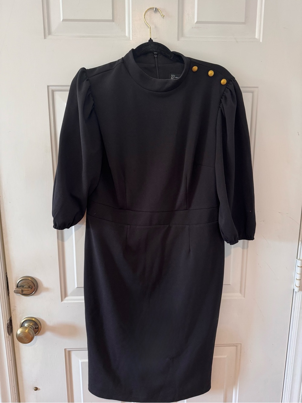 New York & Company Black Midi Sheath Dress with Gold Shoulder Buttons